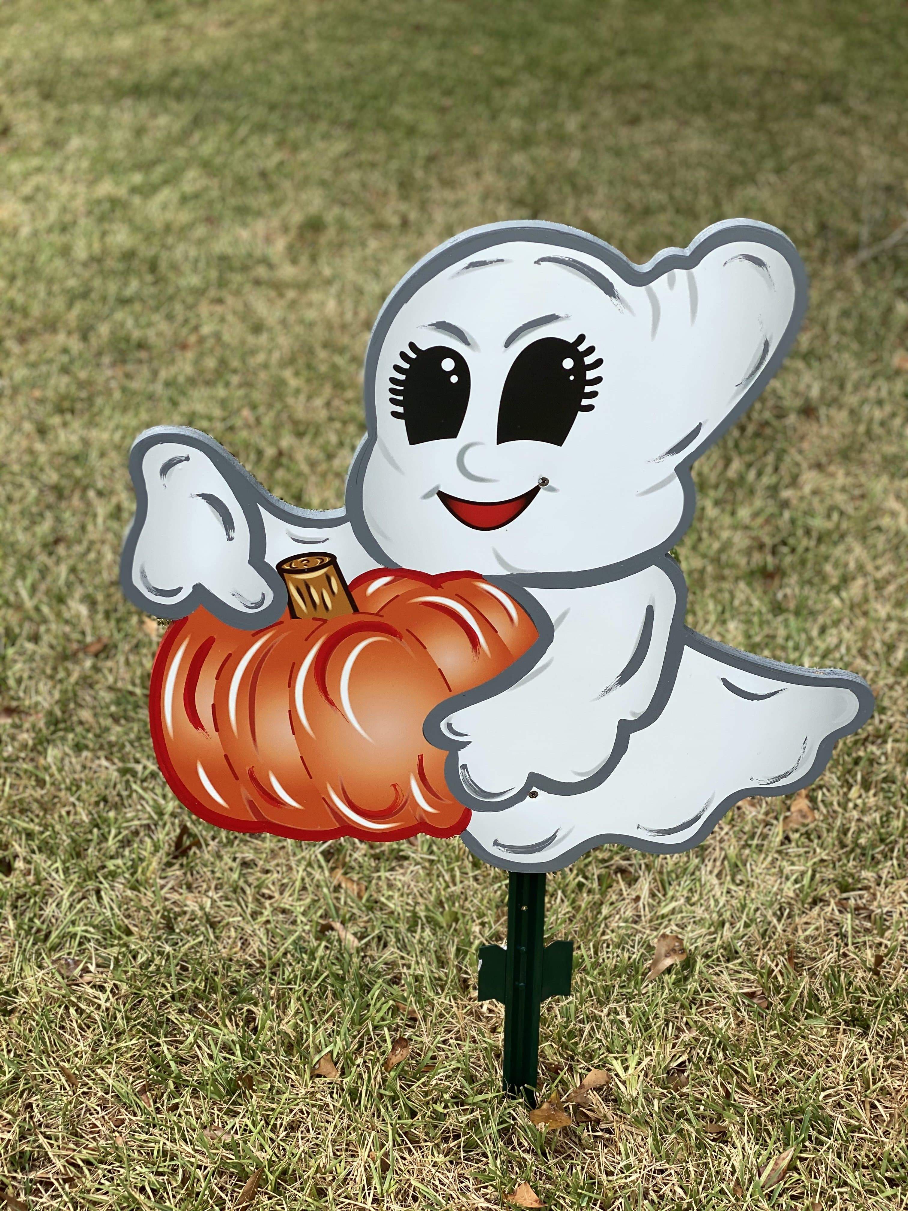 Halloween Ghost Holding Pumpkin Outdoor Halloween Decor – Yard Art 