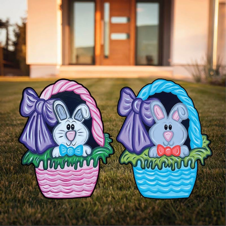 Outdoor Easter baskets with bunny face yard sign