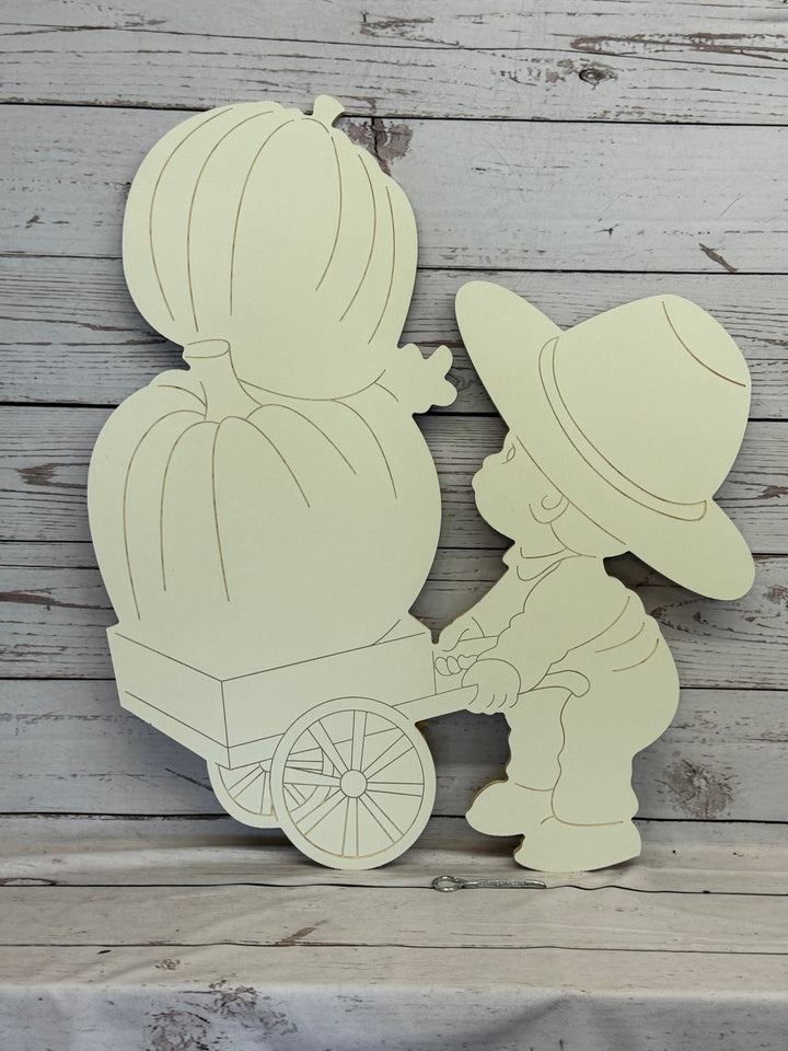 Boy Pushes Pumpkin Cart DIY Blank Yard Art