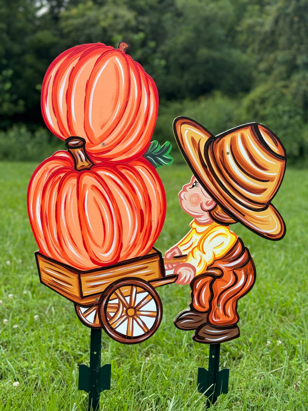 Boy Pushes Pumpkin Cart DIY Blank Yard Art