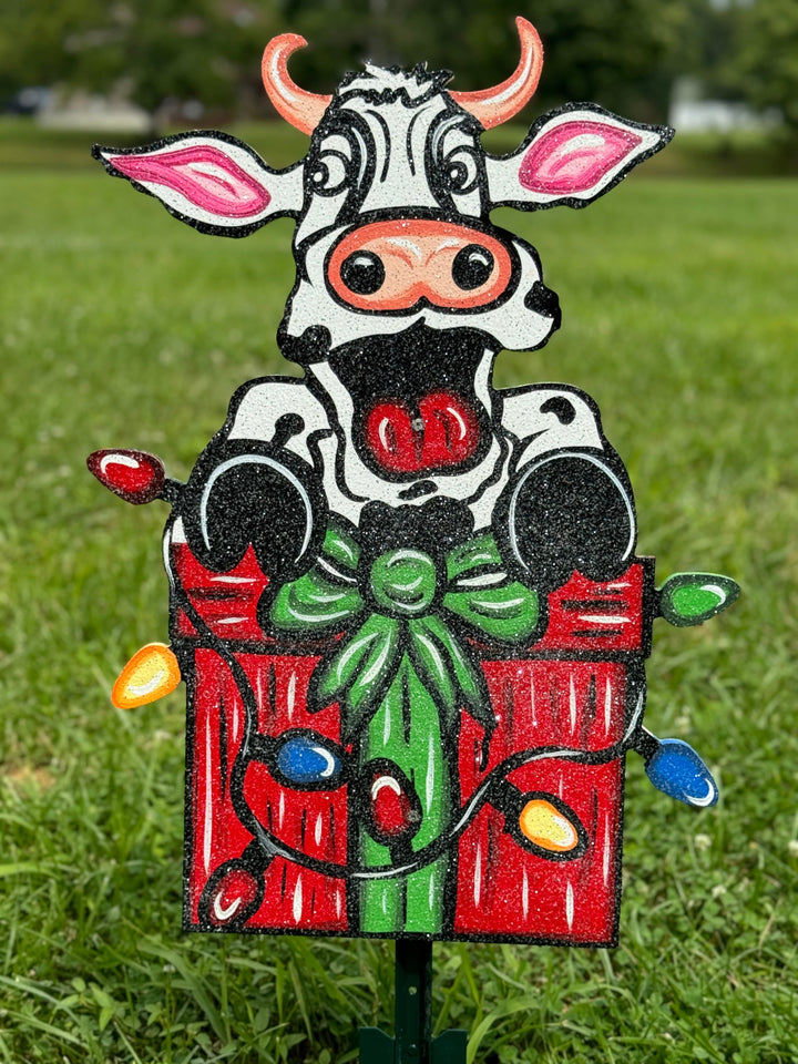 Christmas Cow Over Christmas Present with Lights Yard Art Decoration