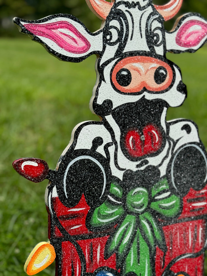 Christmas Cow Over Christmas Present with Lights Yard Art Decoration