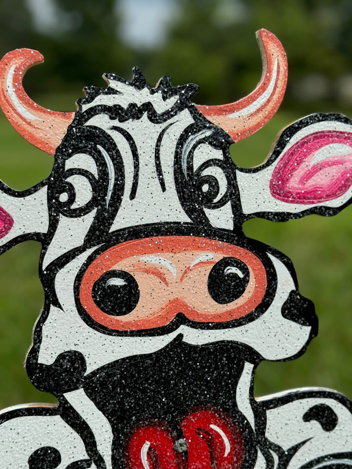 Christmas Cow Over Christmas Present with Lights Yard Art Decoration