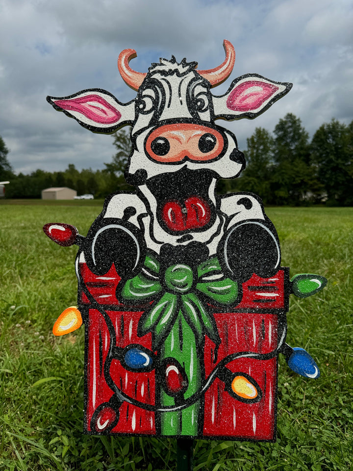 Christmas Cow Over Christmas Present with Lights Yard Art Decoration