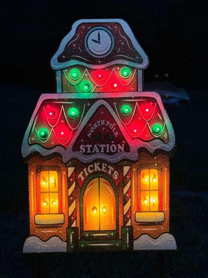 Lighted Ginger Bread Train Station Yard Art