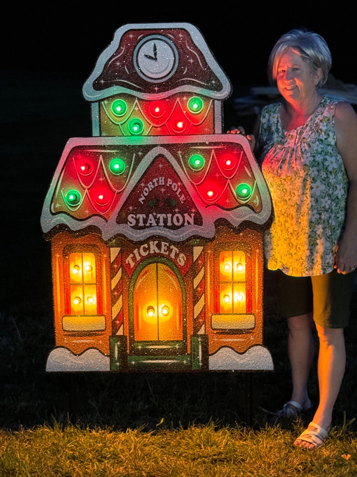 Lighted Ginger Bread Train Station Yard Art