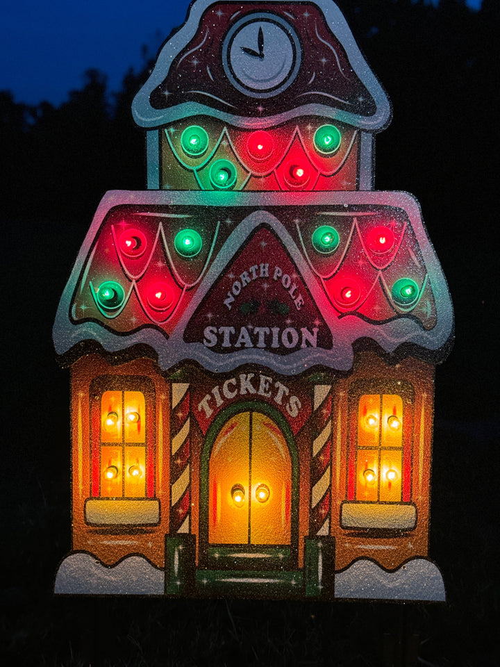 Lighted Ginger Bread Train Station Yard Art