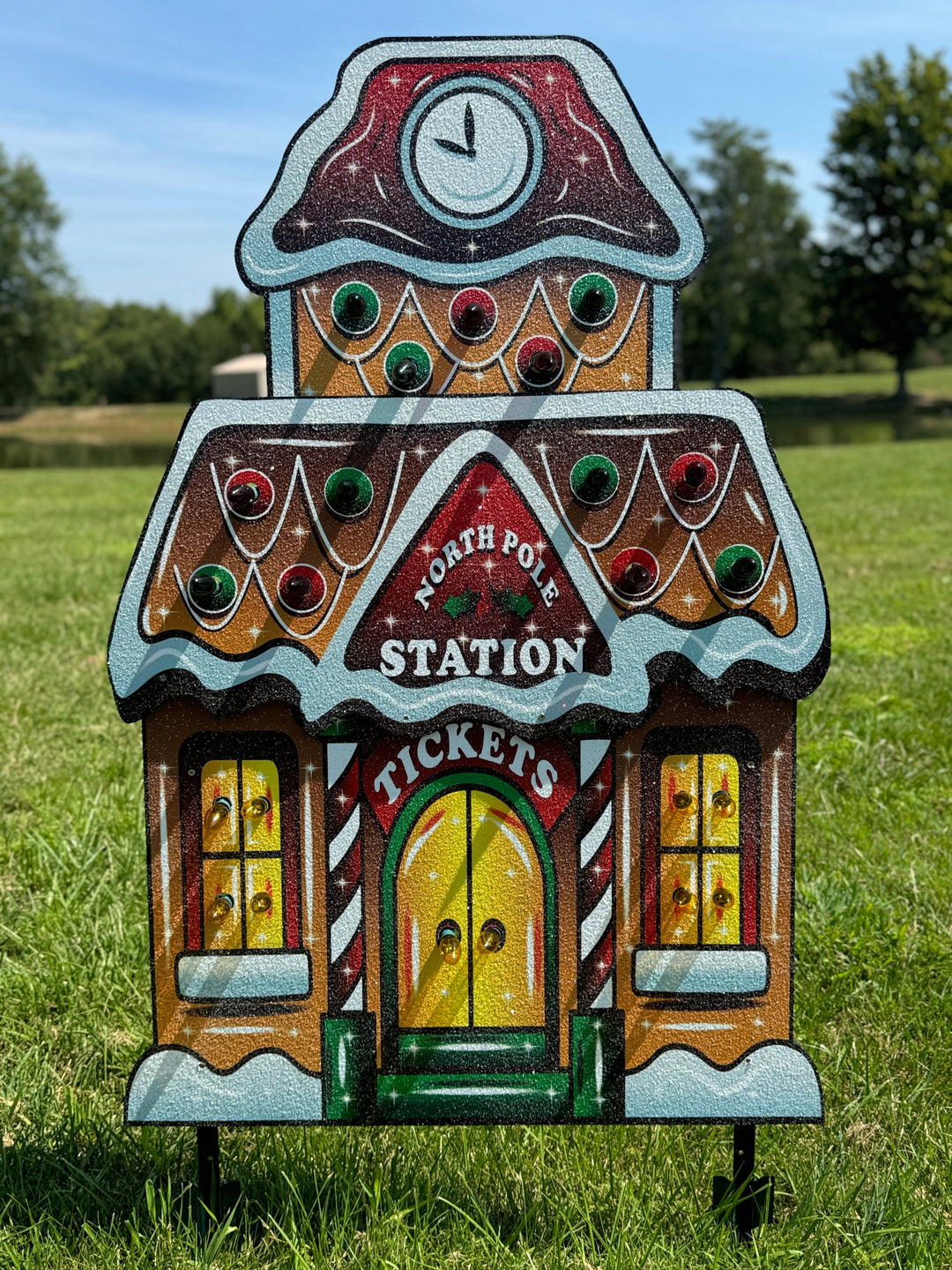 Lighted Ginger Bread Train Station Yard Art