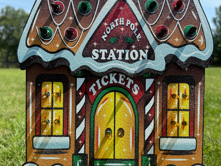 Lighted Ginger Bread Train Station Yard Art