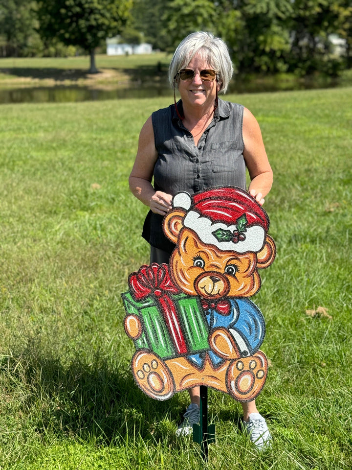 Christmas Bear with Present Yard Art Decoration