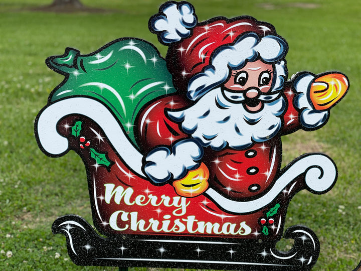 Santa in Sleigh with flying reindeer yard art decoration