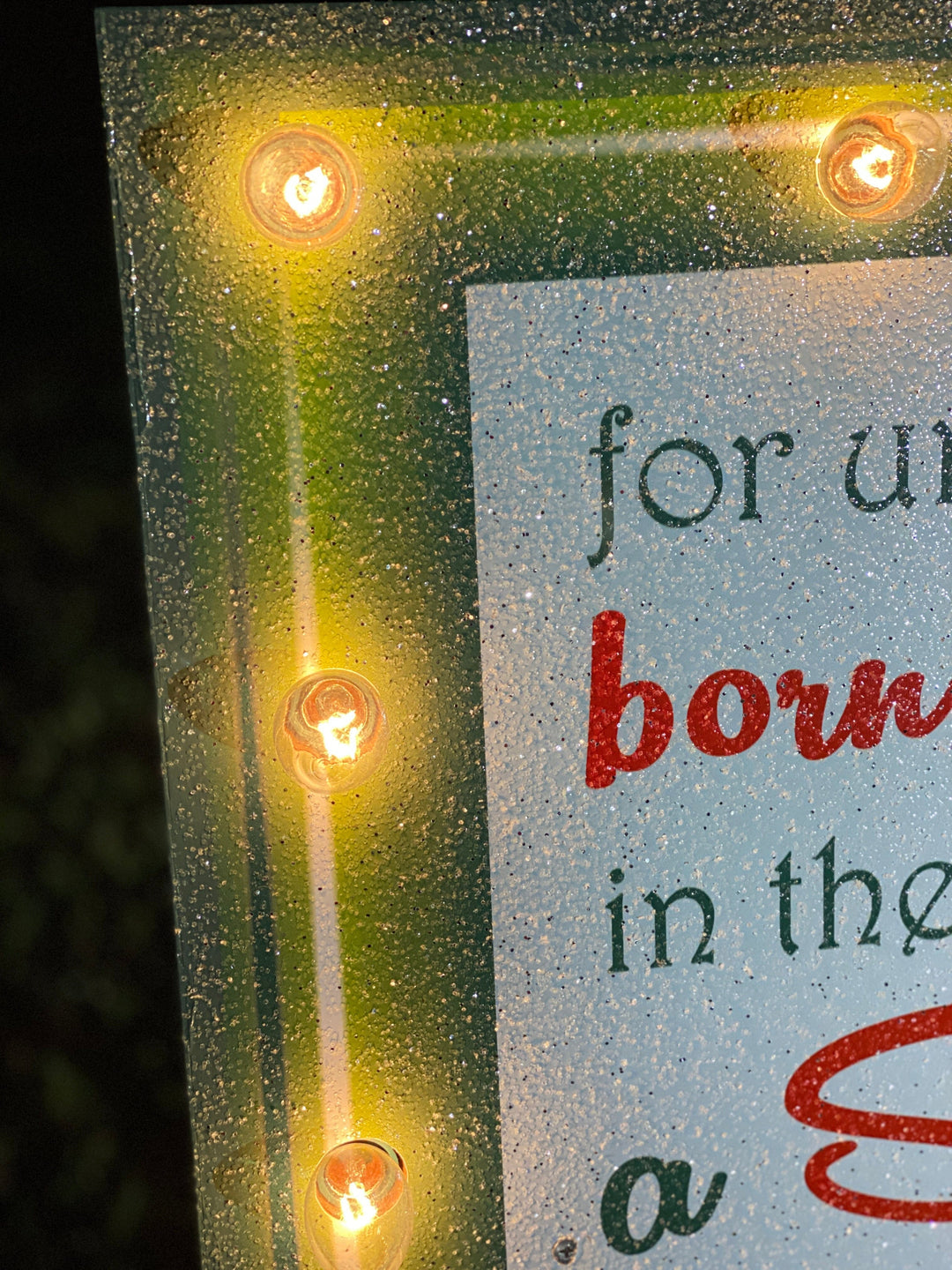 Lighted Luke 2:11 sign with red border Christmas yard art