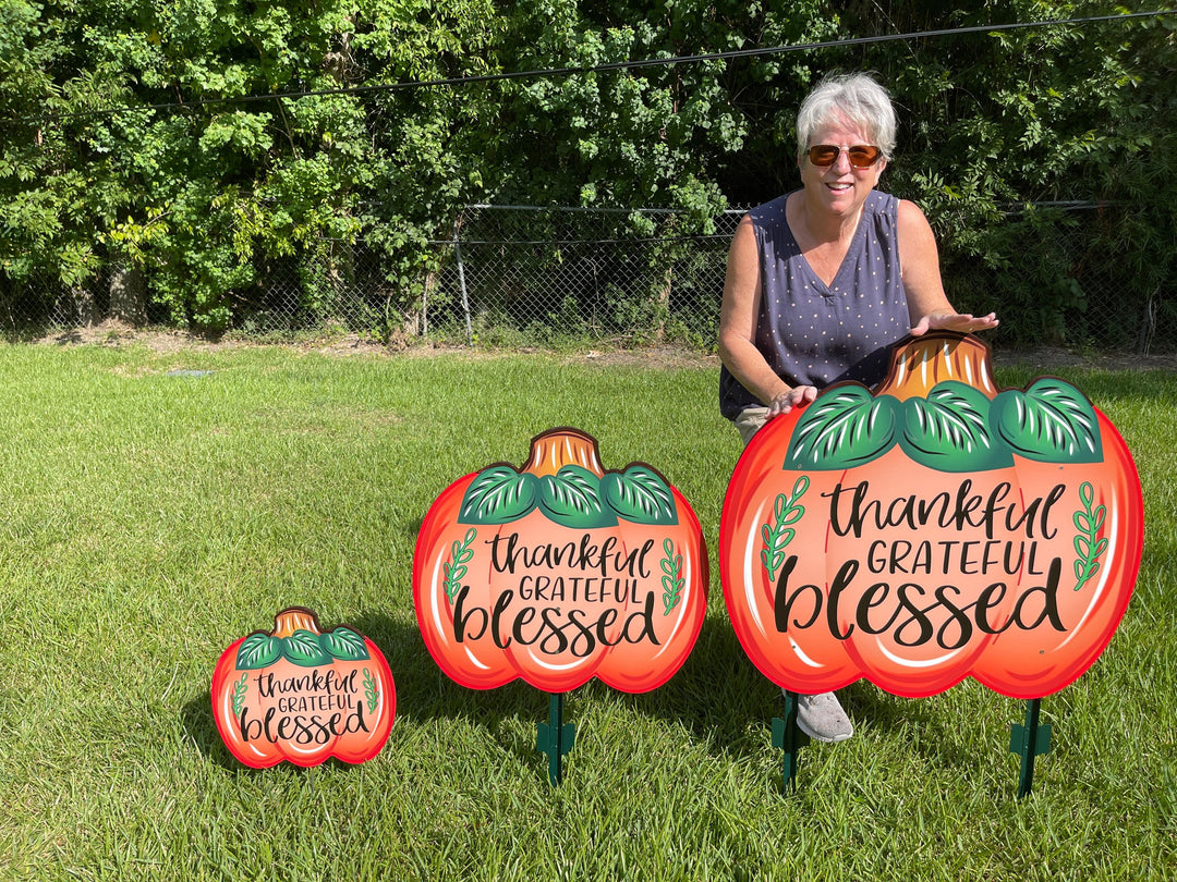 Thankful Grateful Blessed Pumpkin painted yard art decor