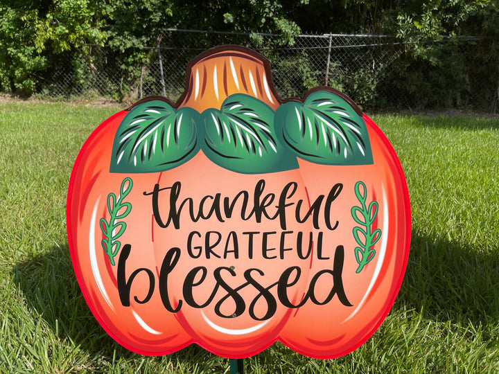 Thankful Grateful Blessed Pumpkin painted yard art decor