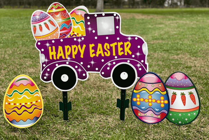 Whimsical Happy Easter Truck with colorful Easter eggs for Outdoor Lawn Display