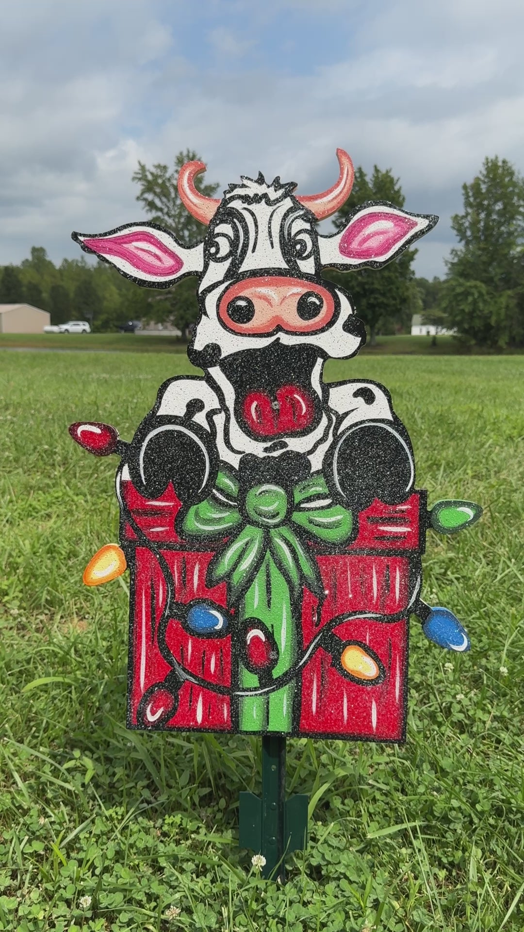 Christmas Cow Over Christmas Present with Lights Yard Art Decoration