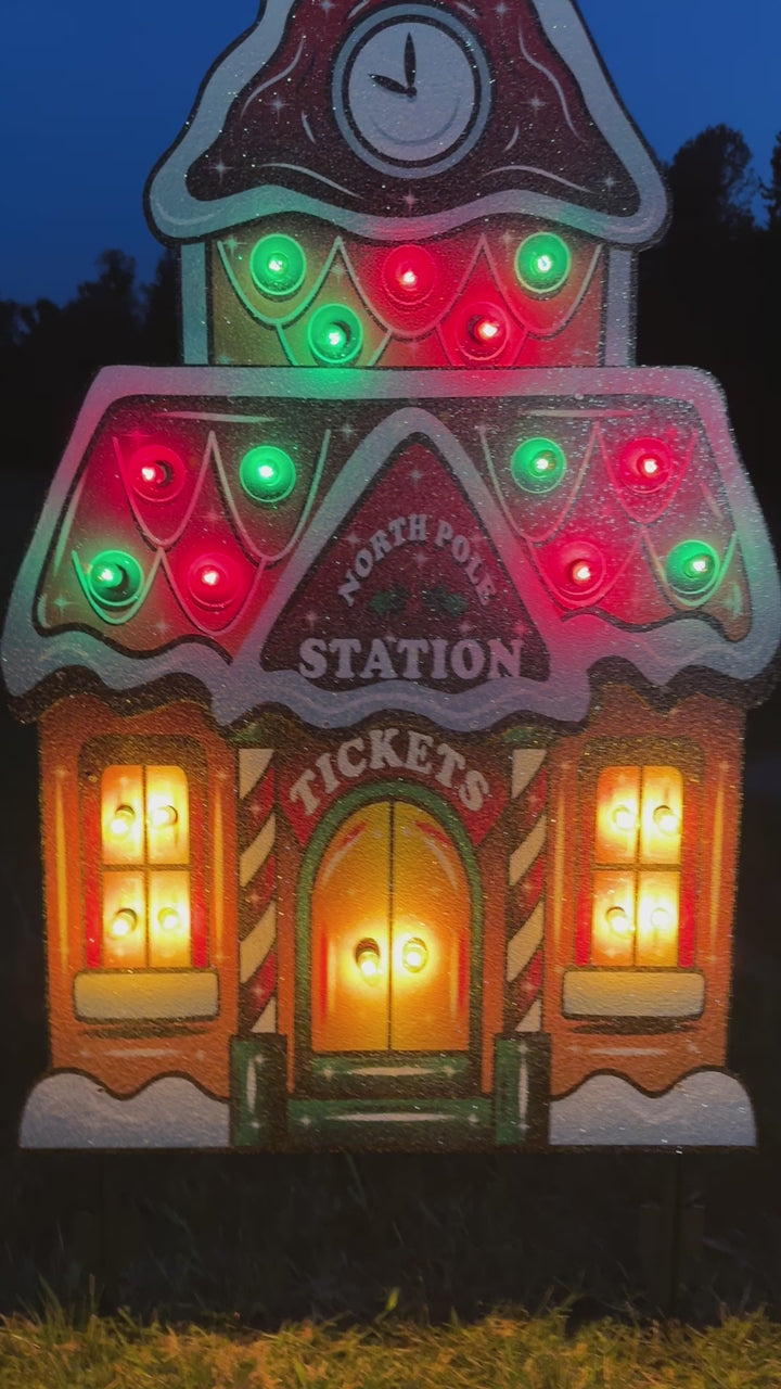 Lighted Ginger Bread Train Station Yard Art