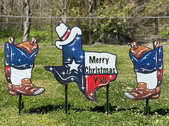 Merry Christmas State of Texas with Cowboy boots Outdoor Decor