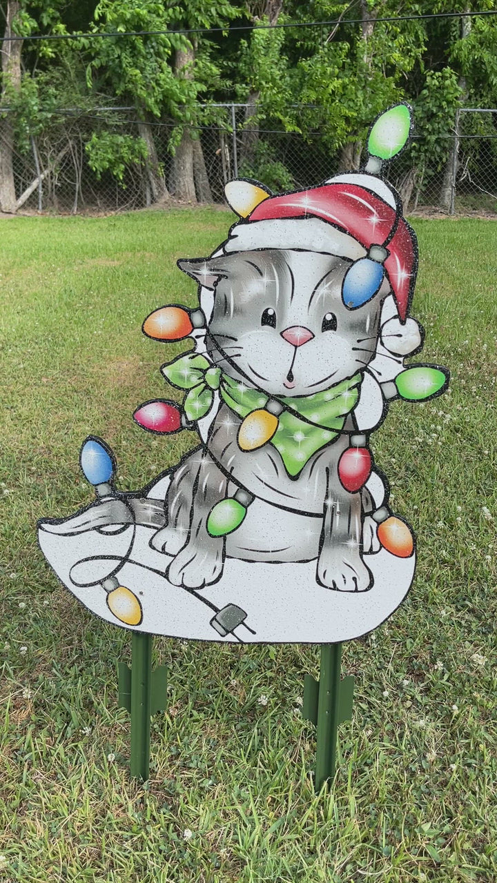 Christmas Kitty Cat wrapped in lights Yard Decoration