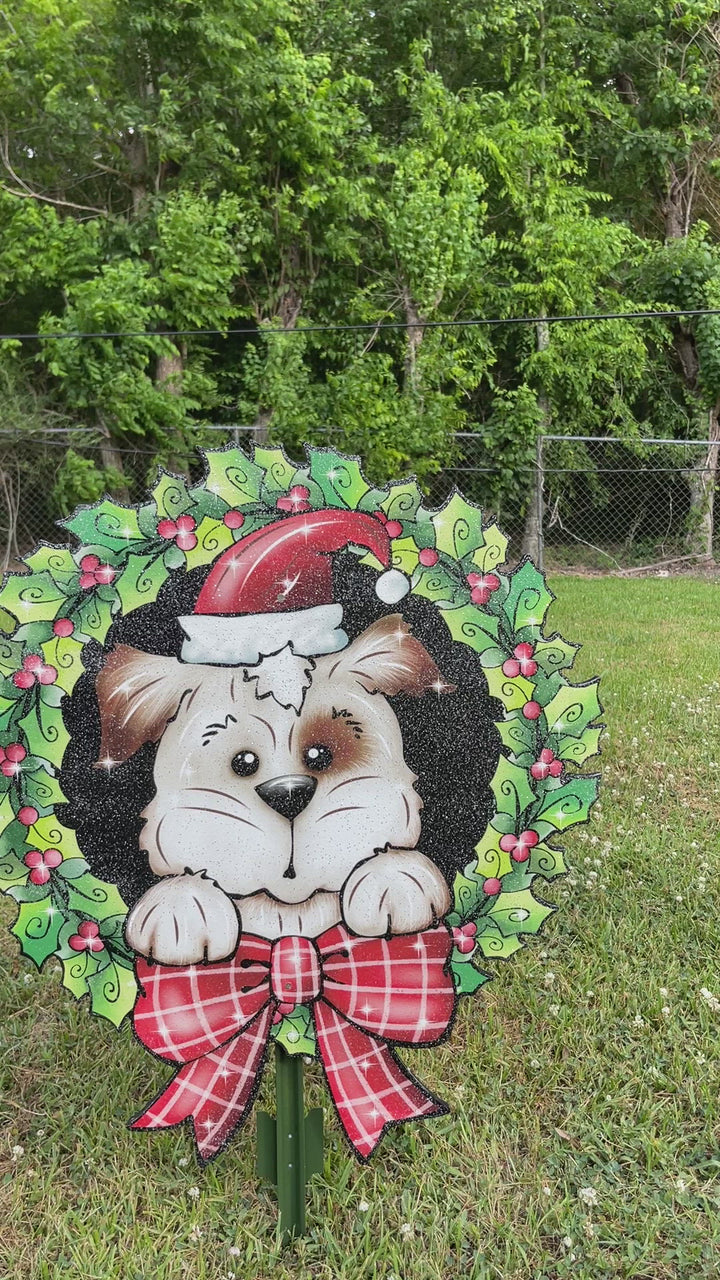 Christmas Puppy in Mistletoe Wreath Yard Decoration