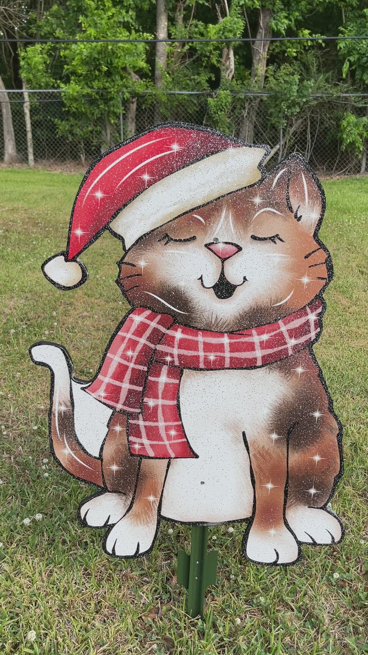 Brown Singing Kitty Red Hat Christmas Outdoor Decoration