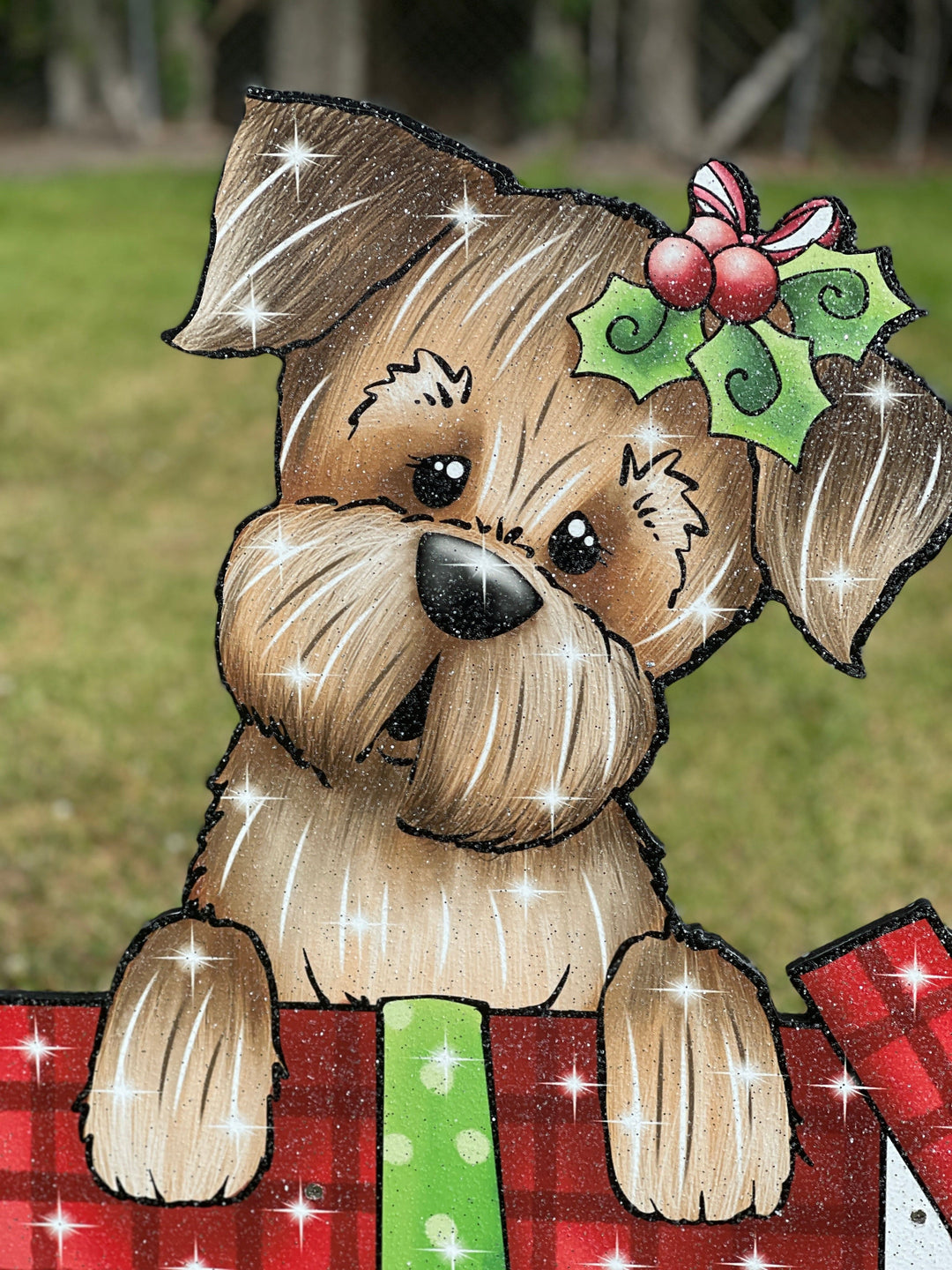 Christmas Dog climbs out of Christmas Gift Box Yard Art Decoration