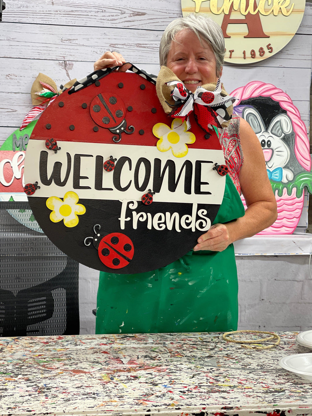 Finished Welcome Lady Bug Door Hanger with Ribbon and Bow