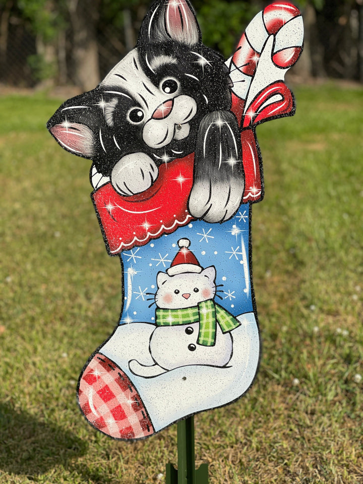 Cute Christmas Kitty Cat in Stocking Yard Art Decoration