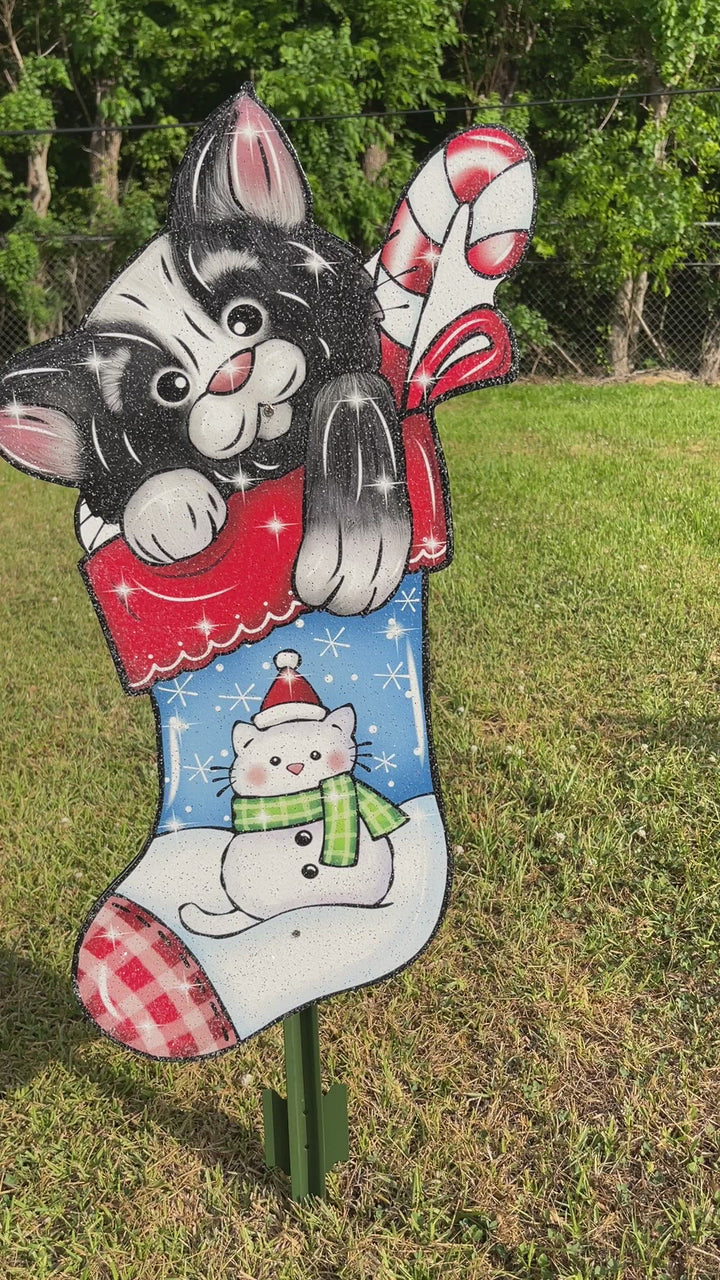 Cute Christmas Kitty Cat in Stocking Yard Art Decoration