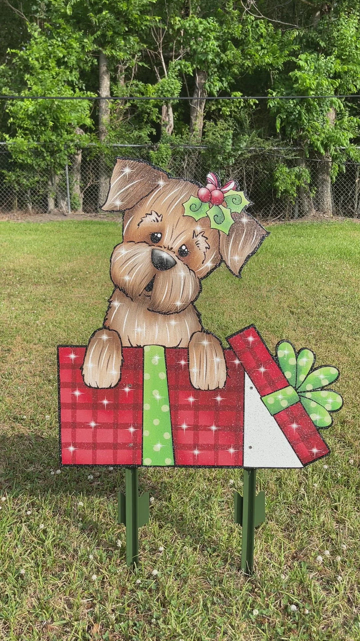 Christmas Dog climbs out of Christmas Gift Box Yard Art Decoration