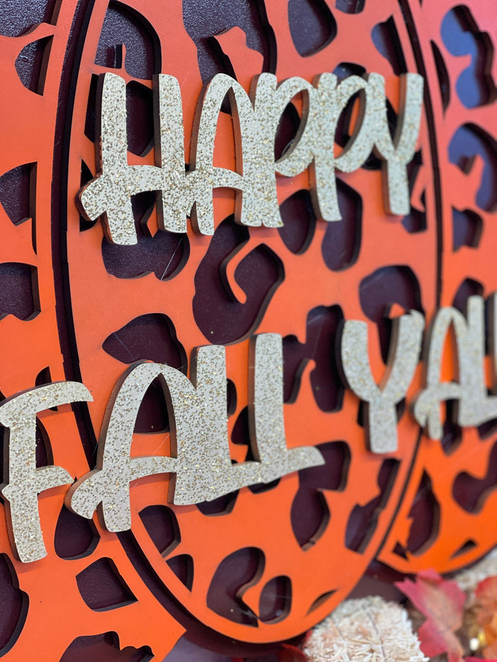 Happy Fall Y'all Leopard Print Pumpkin Shelf Sitter Halloween Decor