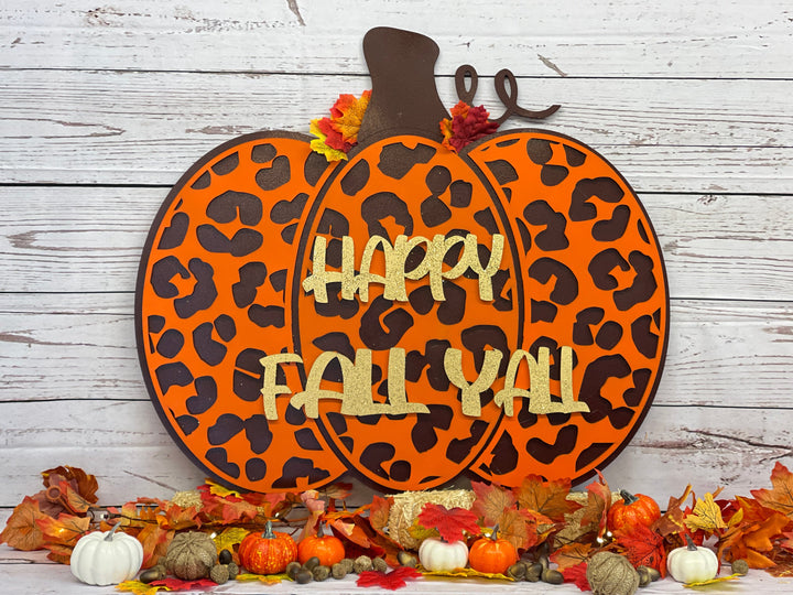 Happy Fall Y'all Leopard Print Pumpkin Shelf Sitter Halloween Decor