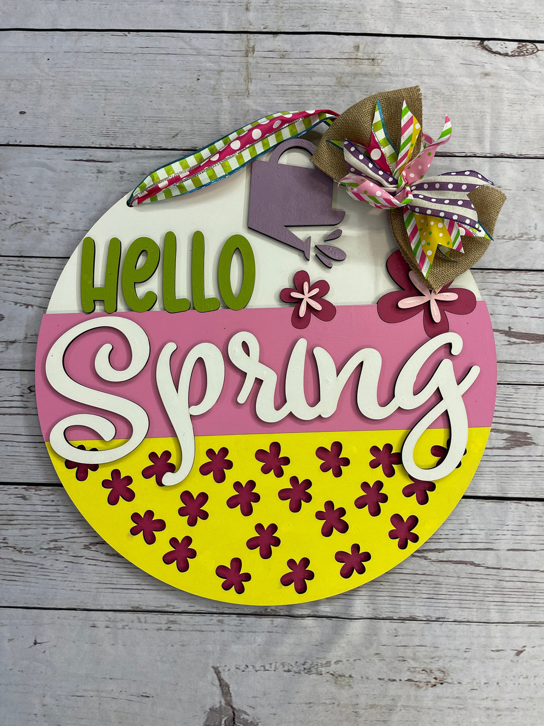 Finished Hello Spring Door Hanger with Ribbon and Bow