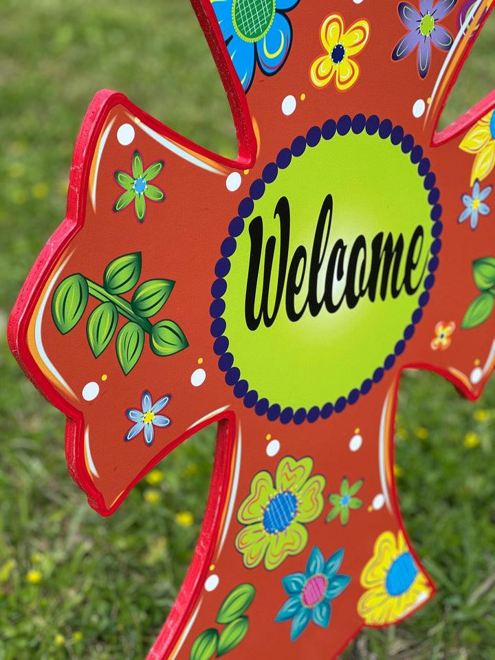 Orange Welcome Yard Art Cross 