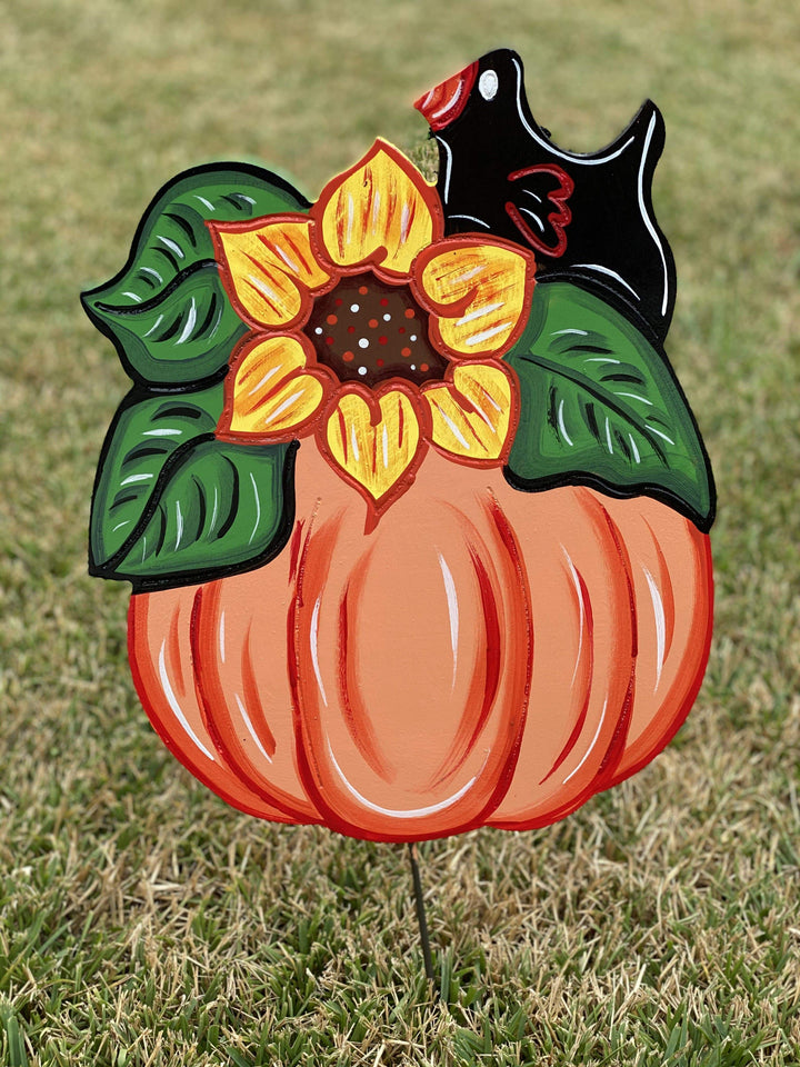 pumpkin with sunflower ste and crow painted yard art design