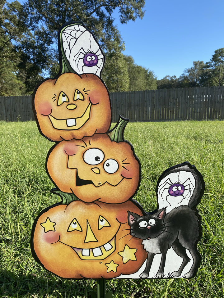 Three Smiling Pumpkins with Black Cat and Two Spiders Yard Art Decoration