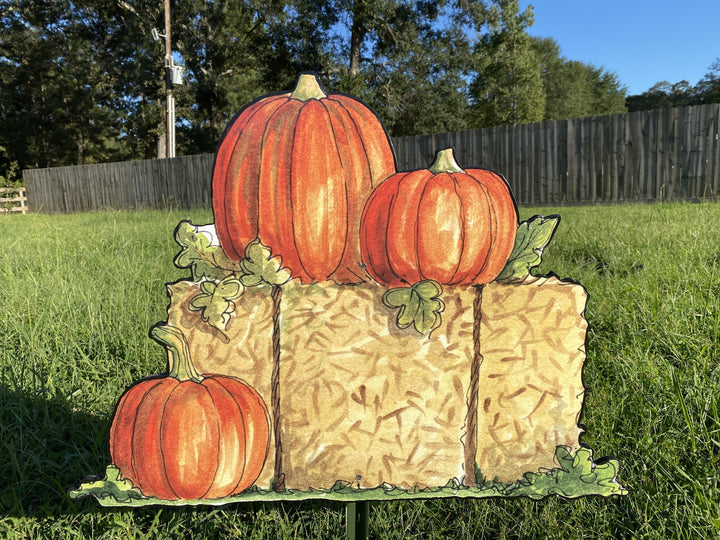 Pumpkins on Hay Bale Yard Art Decoration