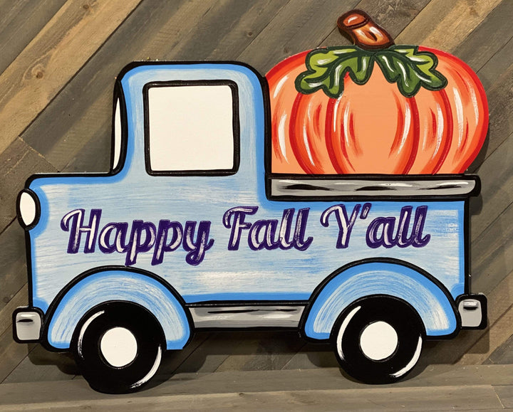 happy fall y'all pick up truck with pumpkin painted yard art design