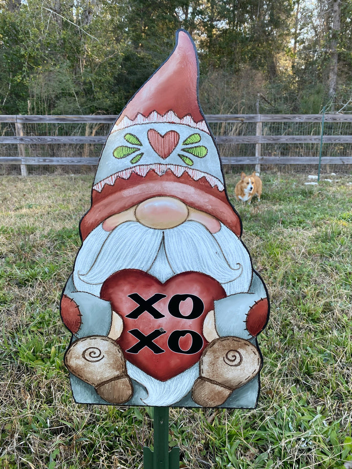 Valentines Gnome Holding a XOXO Heart Yard Sign