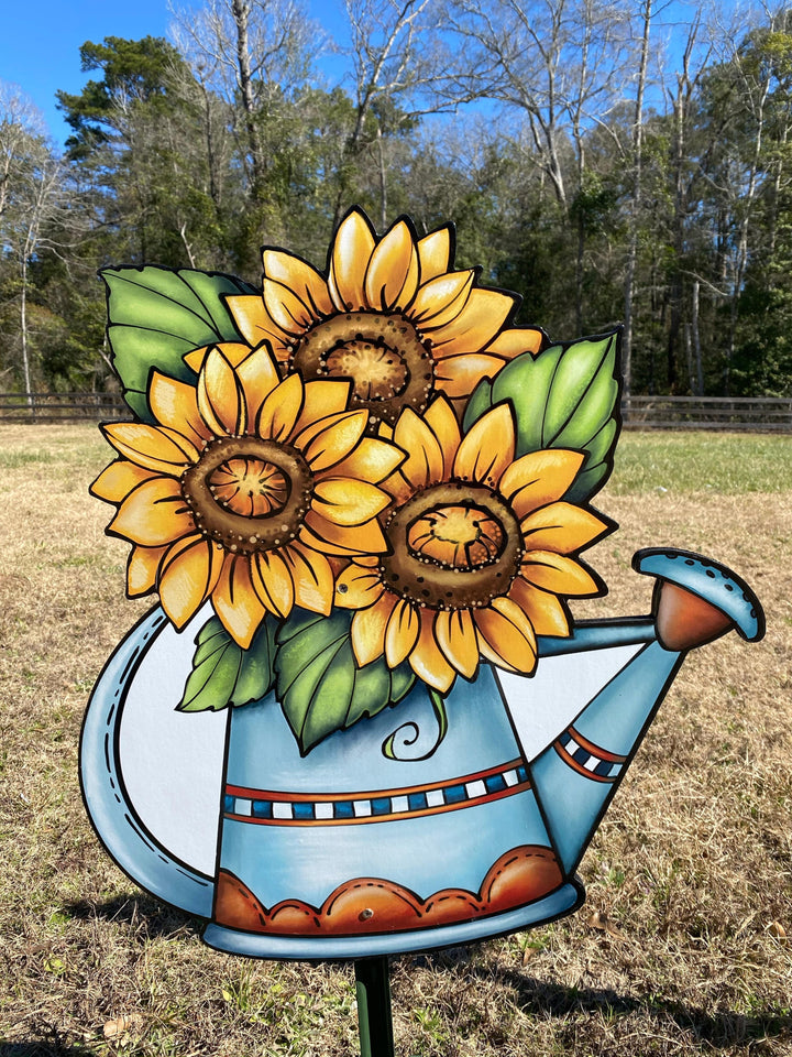 Sunflower with Leaves In Blue Watering Can Sign Outdoor Decoration