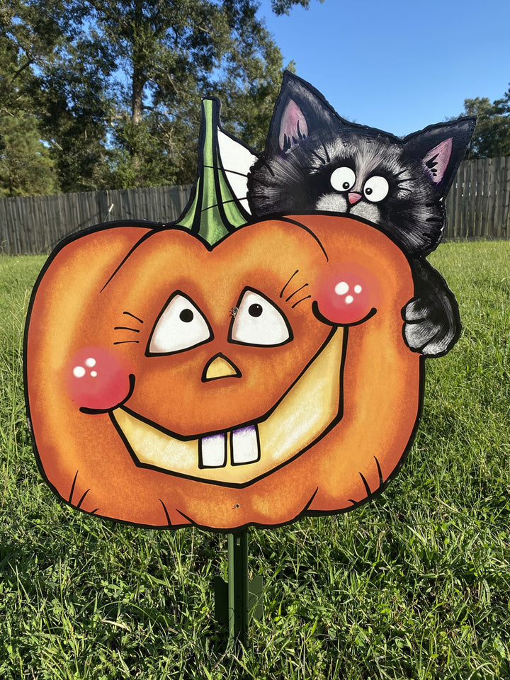 Smiling Pumpkin Black Cat Peeking Yard Art Decoration